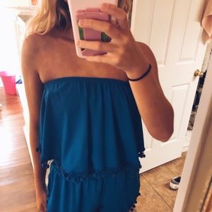 Show Me Your MuMu Blue Strapless Pom Pom Top